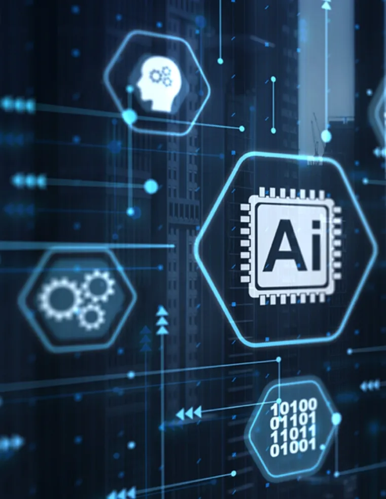 Digital representation of AI technology with icons of artificial intelligence, gears, and binary code, illustrating Trinergy's innovative AI solutions.