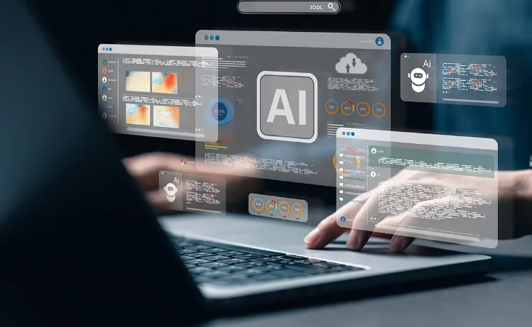 A person working on a laptop surrounded by futuristic AI-driven data interfaces, representing Trinergy's advanced artificial intelligence solutions.