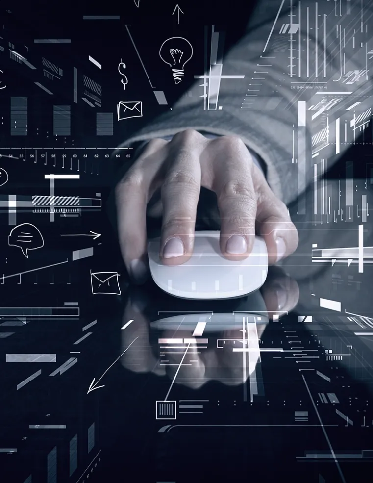 A close-up of a hand using a mouse surrounded by digital innovation icons, representing Trinergy's advanced digital solutions and precision technology.