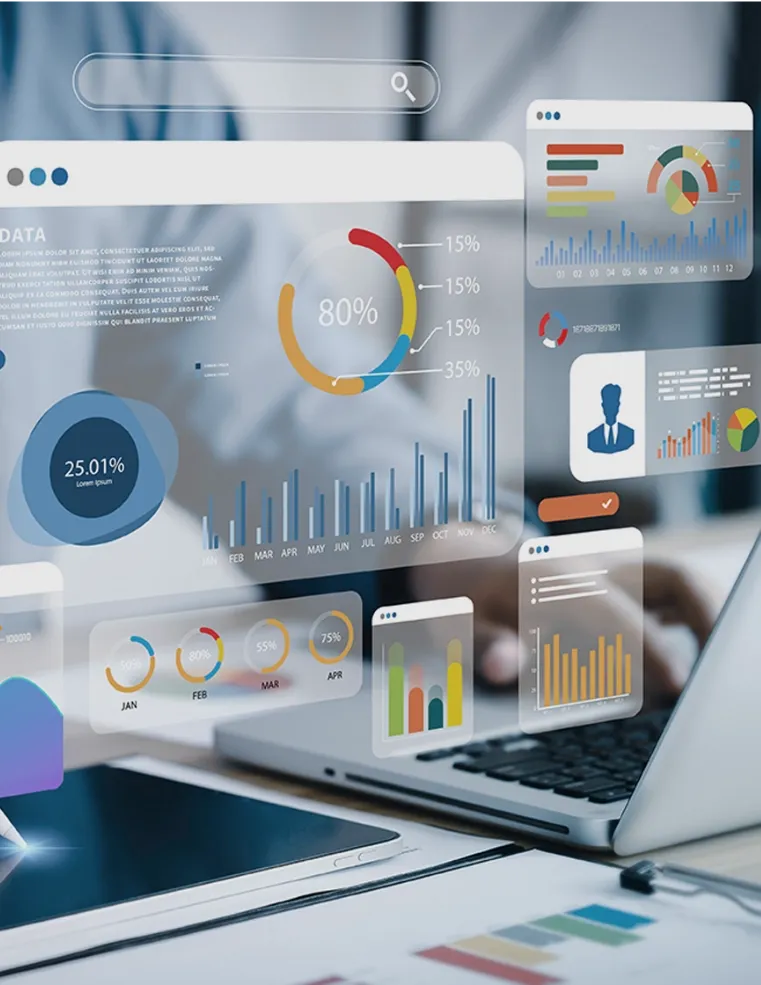 A digital dashboard displaying data analytics graphs and charts, highlighting Trinergy's expertise in data-driven digital solutions.