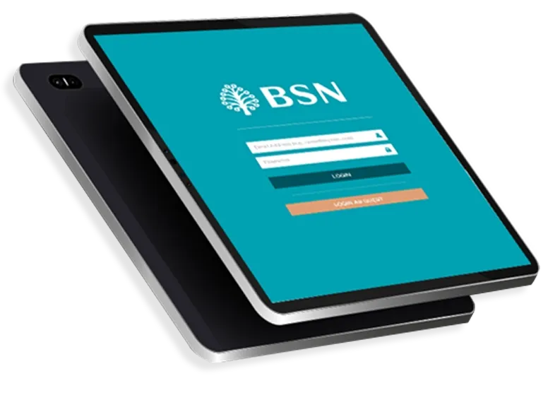 A tablet displaying BSN's login interface, showcasing Trinergy’s innovative solutions for empowering agile sales processes and enhancing productivity.