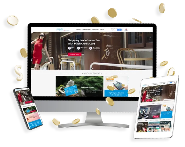 Trinergy's digital transformation project for MACH by Hong Leong Bank, showcasing a responsive website displayed on desktop, tablet, and mobile devices, highlighting innovative banking solutions for millennials