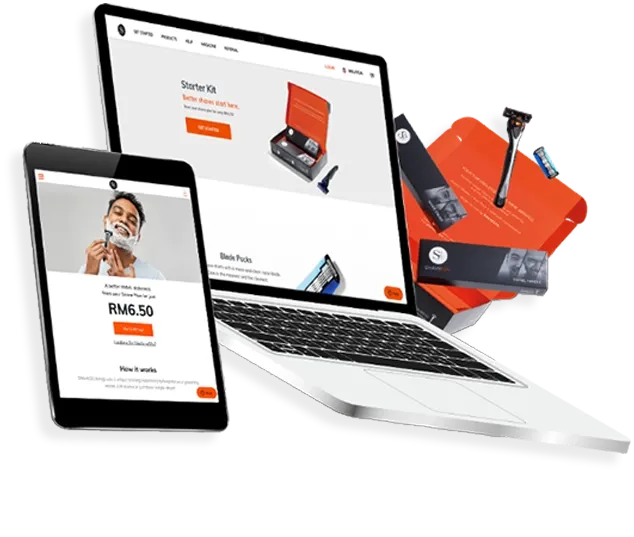 Trinergy's redesign for Shave2U's subscription-based e-commerce platform featuring product boxes, a tablet, and a laptop displaying their improved online shopping interface.