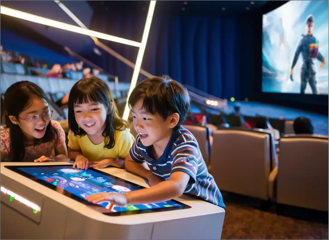 Children enjoying interactive technology at Golden Screen Cinemas, enhanced by Trinergy’s innovative solutions for movie-goers.