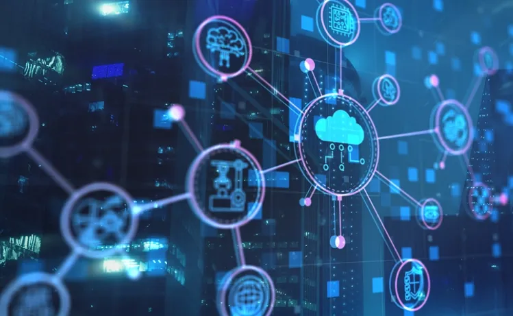 Digital illustration of interconnected cloud computing icons representing network technology and data integration solutions by Trinergy.