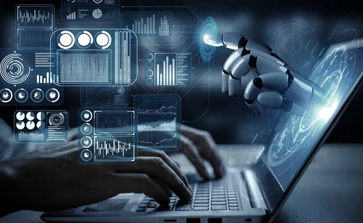 Futuristic AI technology concept showing a robotic hand interacting with digital data, alongside human hands typing on a laptop, symbolizing Trinergy's AI-powered automation solutions.