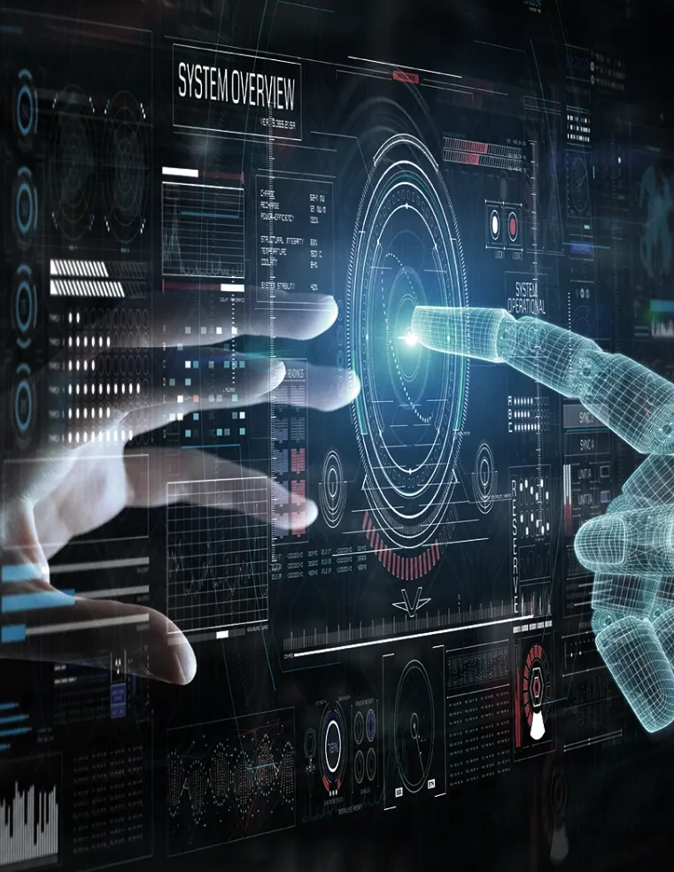 A human hand and a digital AI hand reaching towards a glowing interface, symbolizing Trinergy's focus on human-AI collaboration for advanced technology solutions.