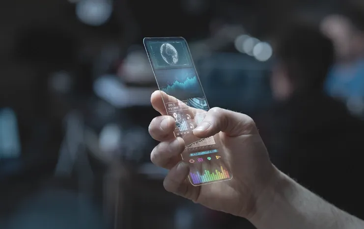 Trinergy showcases a futuristic smartphone interface with advanced digital analytics and holographic display technology.