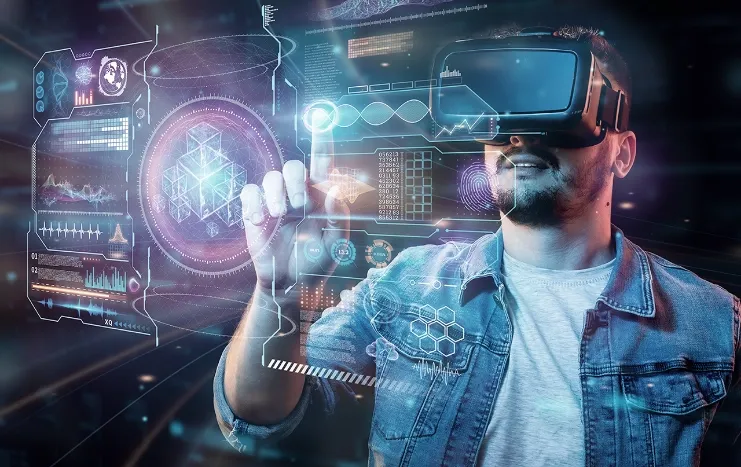 Trinergy's VR technology innovation, featuring a man using a virtual reality headset and interacting with futuristic digital interfaces.