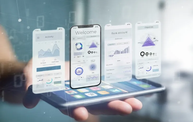 Interactive mobile app screens displaying data analytics and graphs, highlighting Trinergy's expertise in mobile app data visualization solutions.