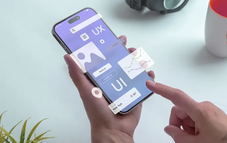 A smartphone displaying UI/UX design elements, including graphs, user profiles, and navigation, with a person interacting with the screen.