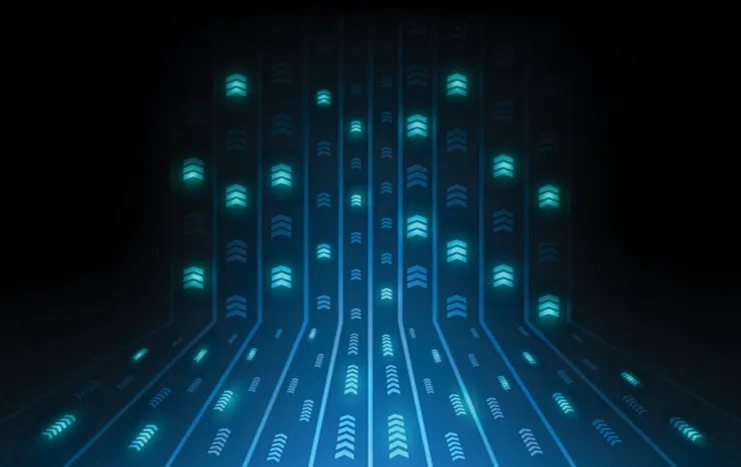 Glowing blue data streams on a dark background, symbolizing Trinergy's expertise in seamless digital connectivity and data management.