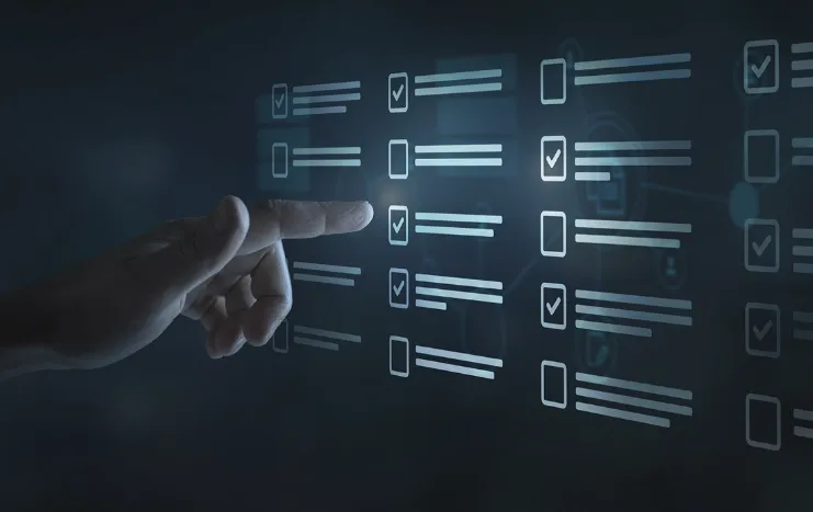 A person interacting with a futuristic digital checklist interface, showcasing Trinergy's streamlined task management solutions.