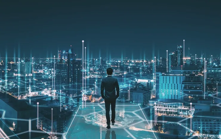 A visionary digital cityscape by Trinergy, featuring a business professional overlooking futuristic smart city technology and glowing connections.