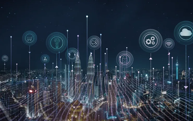 A futuristic cityscape illuminated with interconnected IoT icons, showcasing Trinergy's smart city integration solutions.