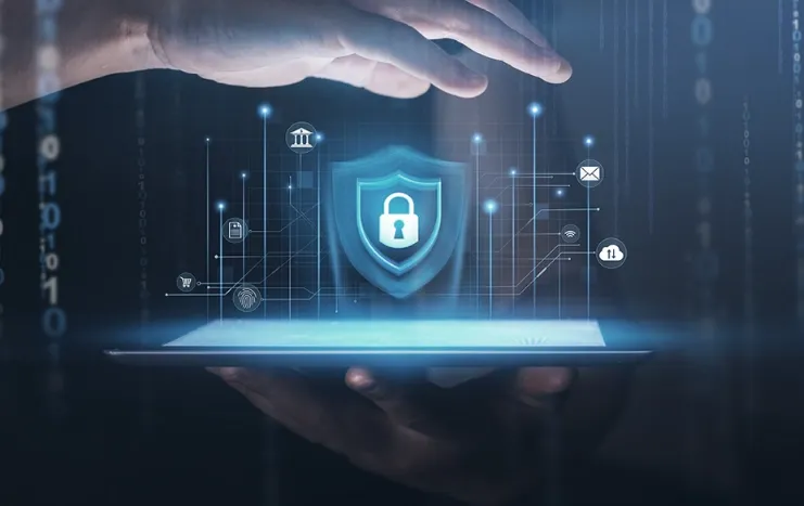 Digital shield icon hovering over a tablet, representing Trinergy's advanced cybersecurity solutions to protect digital assets.