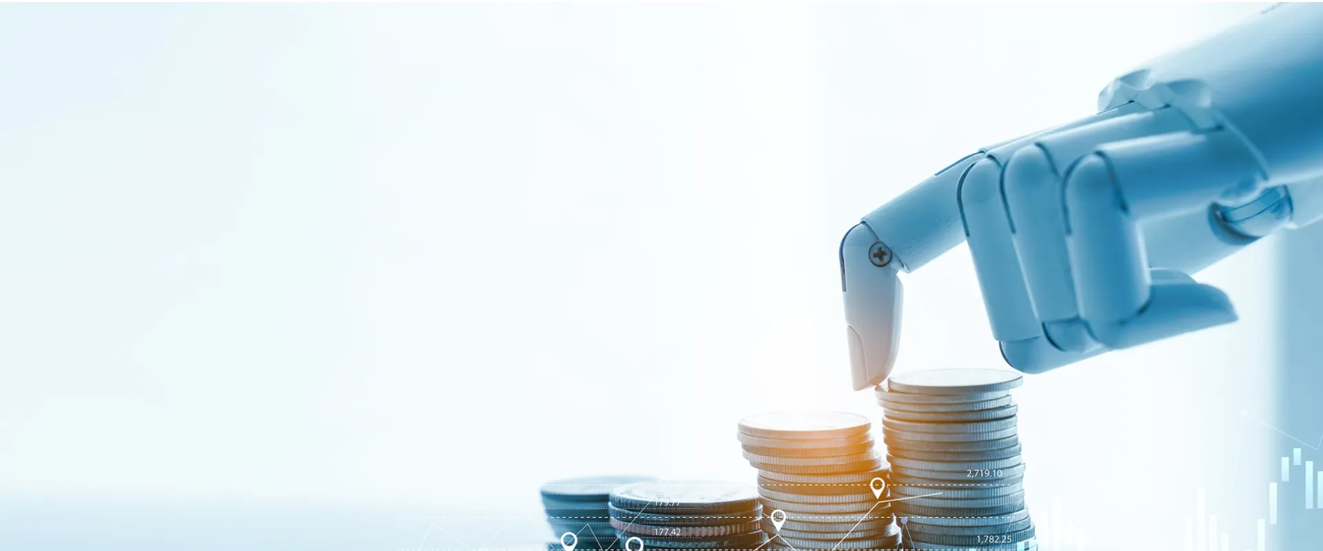 A robotic hand stacking coins, symbolizing Trinergy's AI-driven financial automation and innovative fintech solutions.