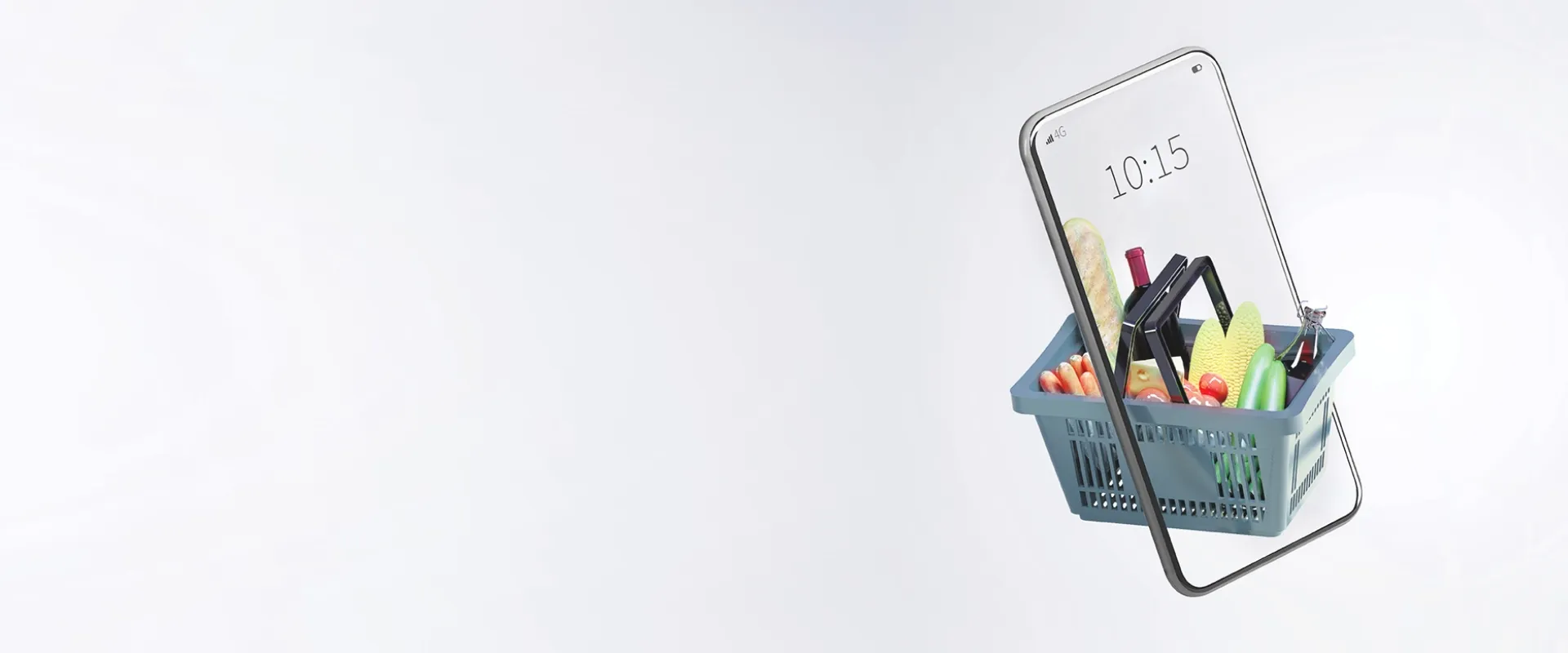 A smartphone integrated with a shopping basket full of groceries, representing Trinergy's innovative digital retail solutions.