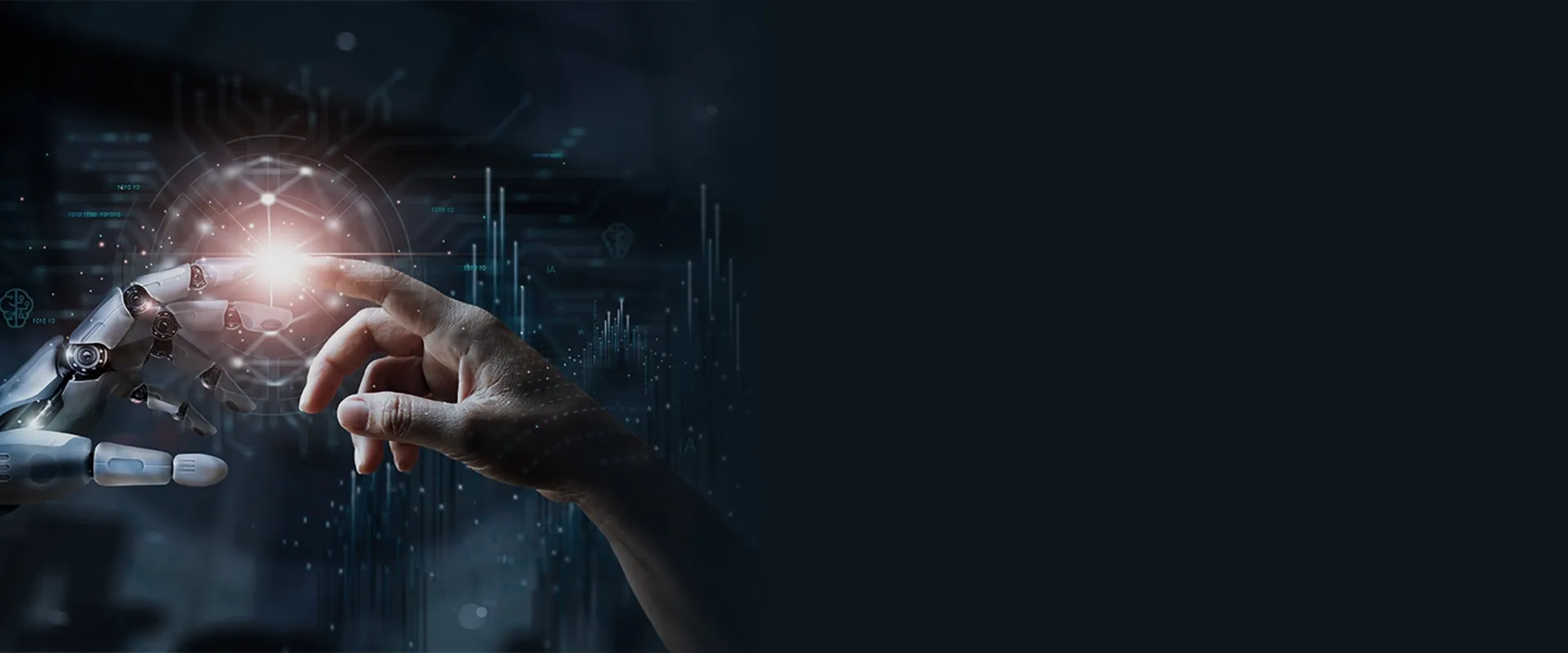 A human hand and a robotic hand reaching out to connect, symbolizing collaboration between humans and AI technology, powered by Trinergy's innovative solutions.