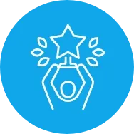 Blue circular excellence icon featuring a figure holding a star trophy with laurel leaves, symbolizing Trinergy's commitment to delivering top-notch results.