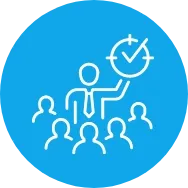 Blue circular leadership icon featuring a figure leading a team with a clock, representing Trinergy's focus on efficient team management and strategic guidance.