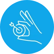 Blue circular precision icon showing a hand holding a target with an arrow, symbolizing Trinergy's commitment to accuracy and achieving goals with pinpoint focus.