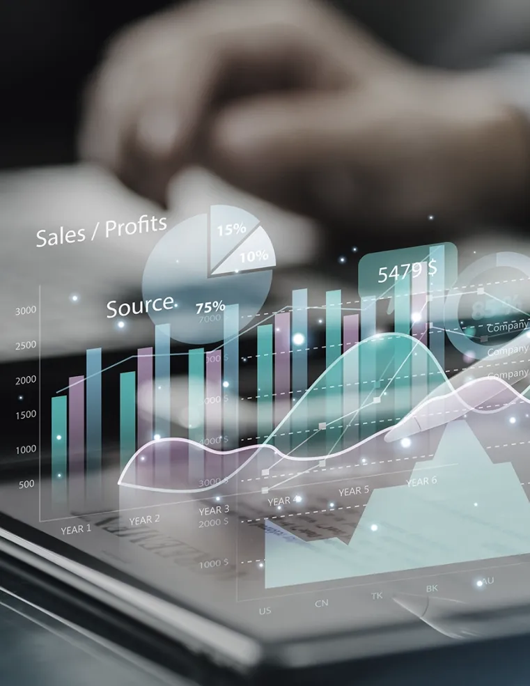 Close-up of digital analytics dashboard showing graphs, charts, and sales data, highlighting Trinergy's expertise in data-driven solutions.