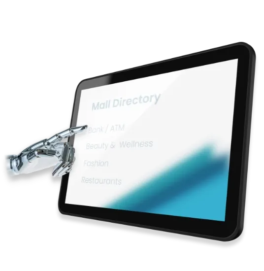 A futuristic robotic hand interacting with a digital screen, showcasing Trinergy's UI/UX interactive screen design services for enhanced user experiences.