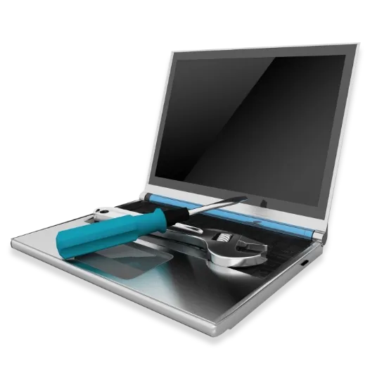 A laptop with a screwdriver and wrench on the keyboard, representing Trinergy's IT system maintenance and technical support services.