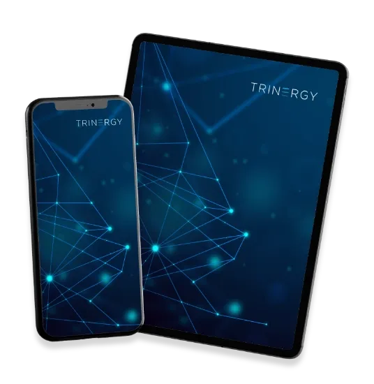 Mobile and tablet design by Trinergy, featuring sleek digital interfaces with futuristic blue network visuals.